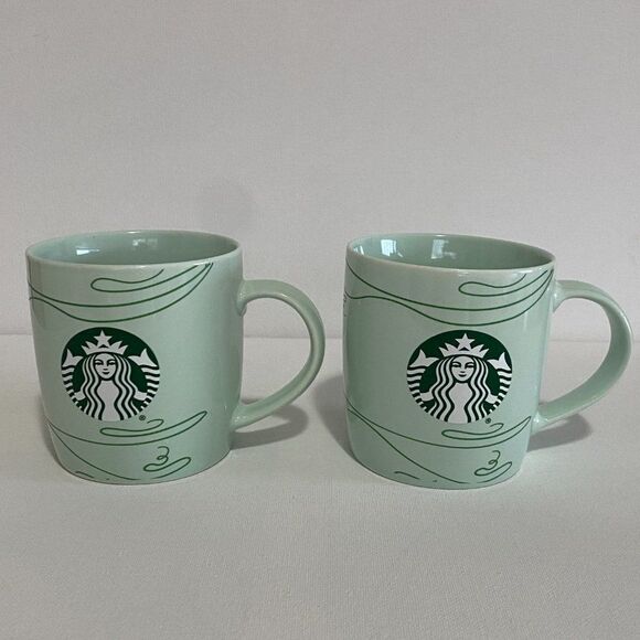 STARBUCKS 2020 Mint Green Swirl Mermaid Siren Logo Coffee Mugs 12 oz x 2pcs - Picture 1 of 3